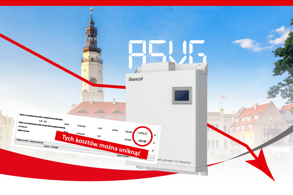 Kompensator mocy biernej ASVG Sinexcel na tle ratusza; czerwone strzałki i fragment faktury obrazują spadek opłat w gminie.